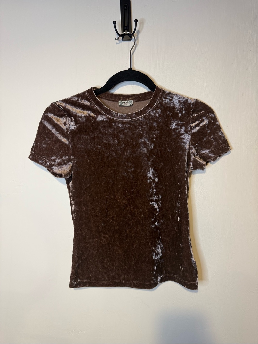 Free People Crushed Velvet Brown Mauve Fitted Short Sleeve Baby Tee Sz Small